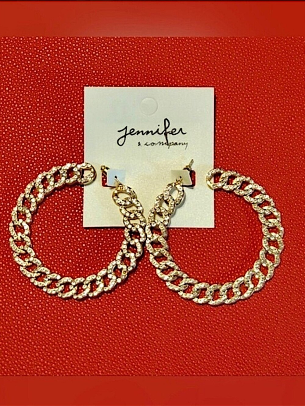 Gold Chain Link Open Hoop Flat Earrings with Rhinestones - Picture 2 of 3